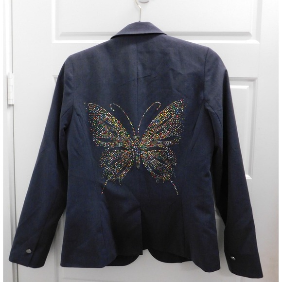 Hipchik Couture Gray Blazer Multicolor Rhinestone Butterfly Women's Jacket sz 4 - Picture 1 of 6